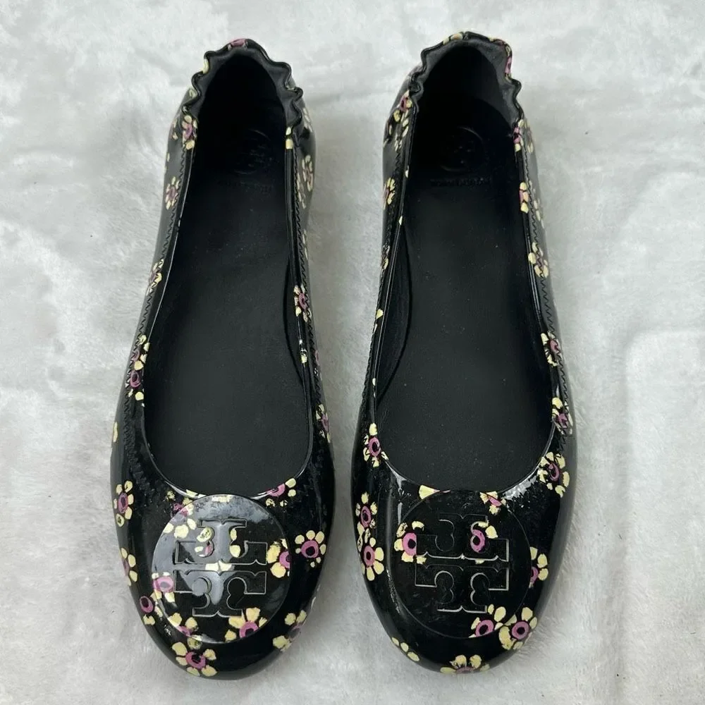 Tory Burch Women's 9‎ Patent Leather Floral Print Ballet Flat Black Daisy Print